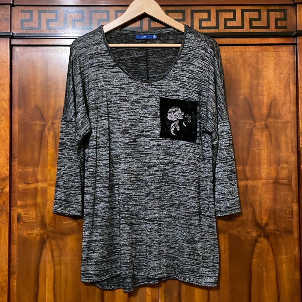 Apt 9 Women's L Black Gray Marled Long Sleeve Top Floral Pocket Stretch Casual - Picture 7 of 15